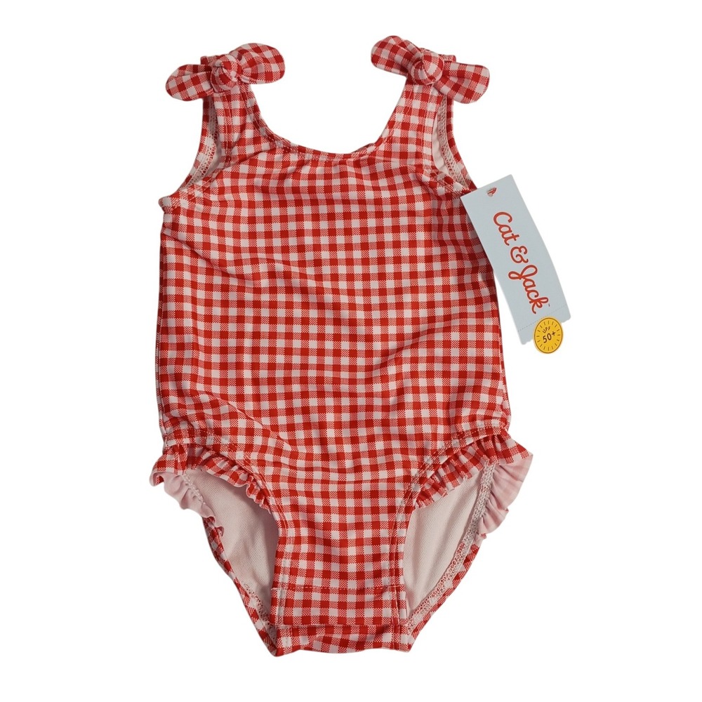 Cat & Jack Baby Girls 3-6 Months‎ Red Gingham One Piece Swimsuit Vintage Style